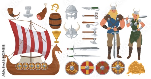 Viking set, flat vector isolated illustration. Viking male and female cartoon characters, weapons, drakkar ship. Scandinavian warrior costume and equipment.