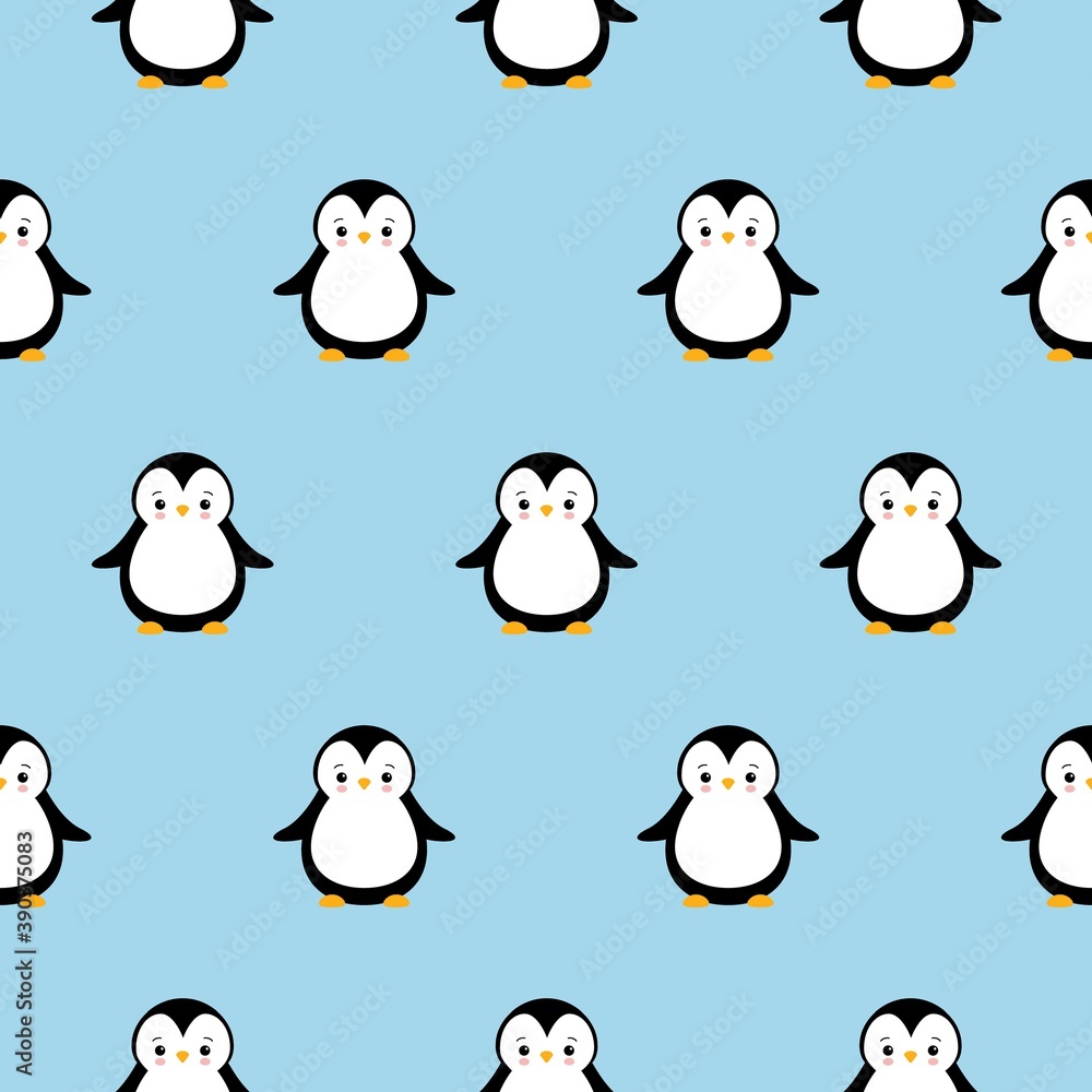 Fototapeta premium Vector seamless pattern with cute cartoon penguins on blue background. christmas illutration