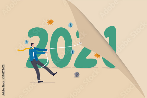 Year changing to 2021 from 2020 Coronavirus COVID-19 outbreak, the worst year of world health care and economic concept, man pulling to change calendar healthy new year with coronavirus pathogen.