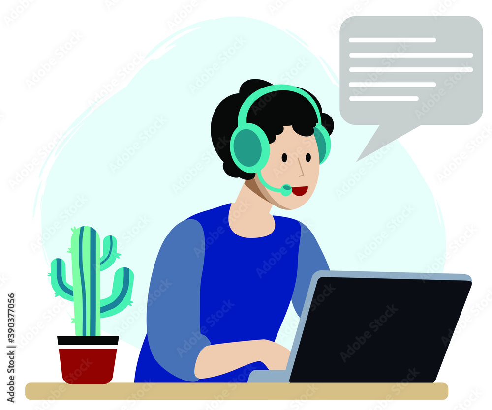 Call center support. Customer service. Man with headphones and microphone with laptop. Call center support. Customer service. Man with headphones and microphone with laptop.