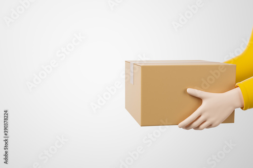 Cartoon courier hans in yellow jacket holding cardboard box over white background. © Foxstudio