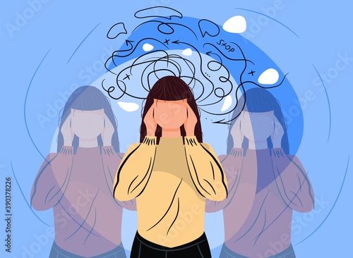 Anxiety and fear woman headache attack crisis. Frustrated woman with nervous problem
