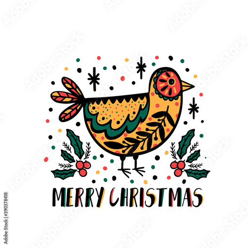 Merry Christmas decoration hand drawn.Doodle style greeting card with bird .