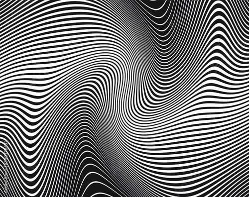  Line art optical art. Psychedelic background. Monochrome background. Optical illusion style. Black dark background. Modern pattern. Abstract graphic texture. Graphic ornament. Vector template