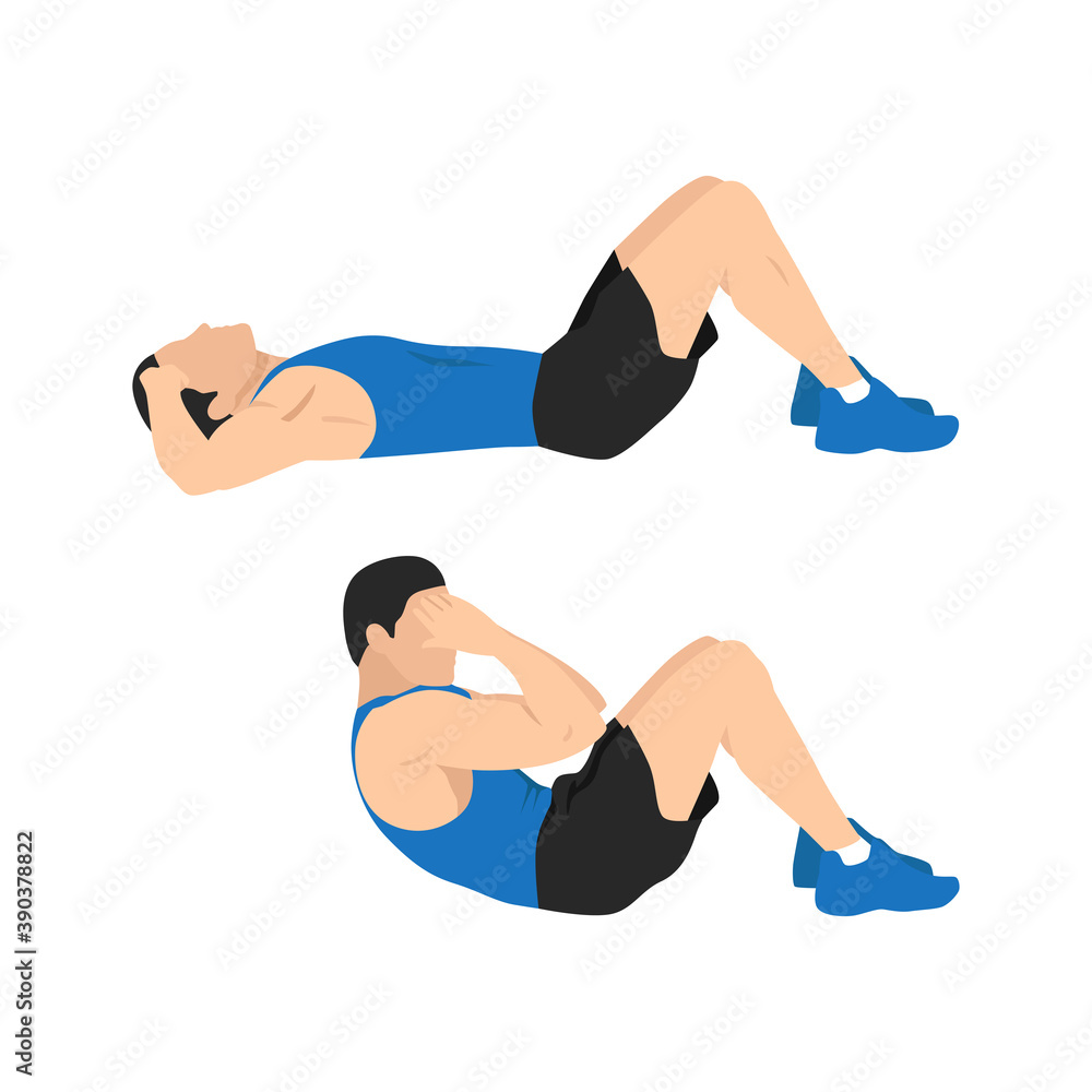 Man doing sit ups exercise. Abdominals exercise flat vector illustration  isolated on white background Stock Vector