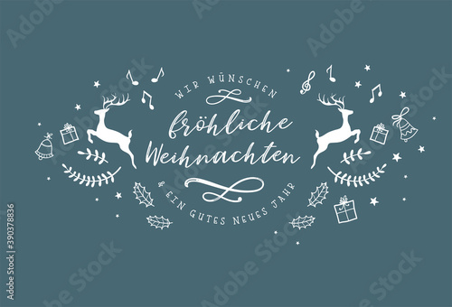 Lovely hand drawn christmas design with text in german "we wish you a merry christmas and a happy new year", deer and decoration, great for banners, wallpapers, cards.