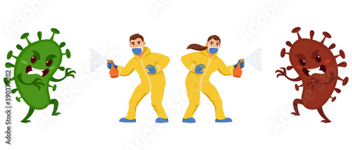 Man and woman fighting viruses. Male and female characters in protective suits spraying antiseptic. Health care concept.
