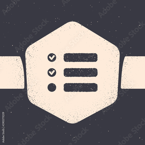 Grunge Task list icon isolated on grey background. Control list symbol. Survey poll or questionnaire feedback form. Monochrome vintage drawing. Vector Illustration.