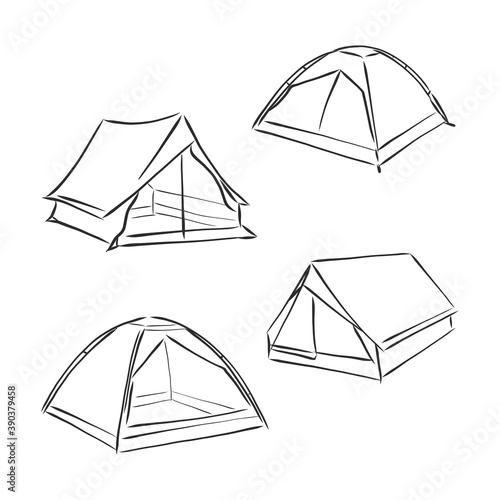 tent vector sketch illustration. Cute old temporal nylon bivvy stretched a rope tied to wooden peg in grass photo