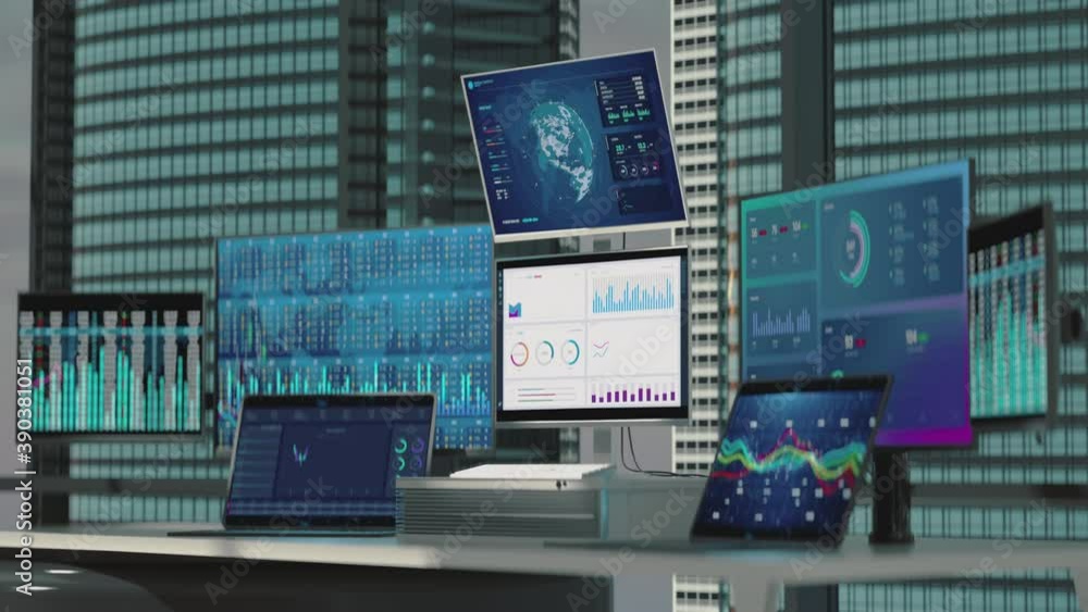 Financial report, statistics, charts, numbers, diagrams on screens in office. Business office with graphs and charts on computer screens, 3d animation Financial report, statistics, charts, numbers, diagrams on screens in office. Business office with graphs and charts on computer screens, 3d animation