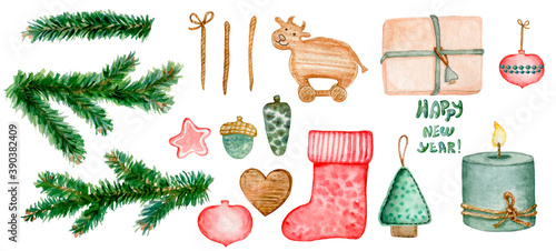 Set of green spruce branches and new year toys.Wooden toy cow. Candle, gift box.Isolated on white. Watercolor hand-drawn elements.Ideal for Merry Christmas and Happy New Year cards, flyers, brochures.