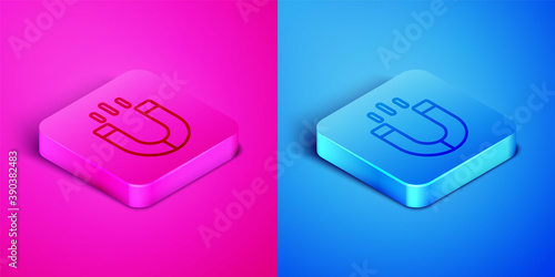 Isometric line Magnet icon isolated on pink and blue background. Horseshoe magnet, magnetism, magnetize, attraction. Square button. Vector.