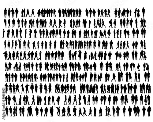 Big crowds people on street. Isolated silhouette on a white background