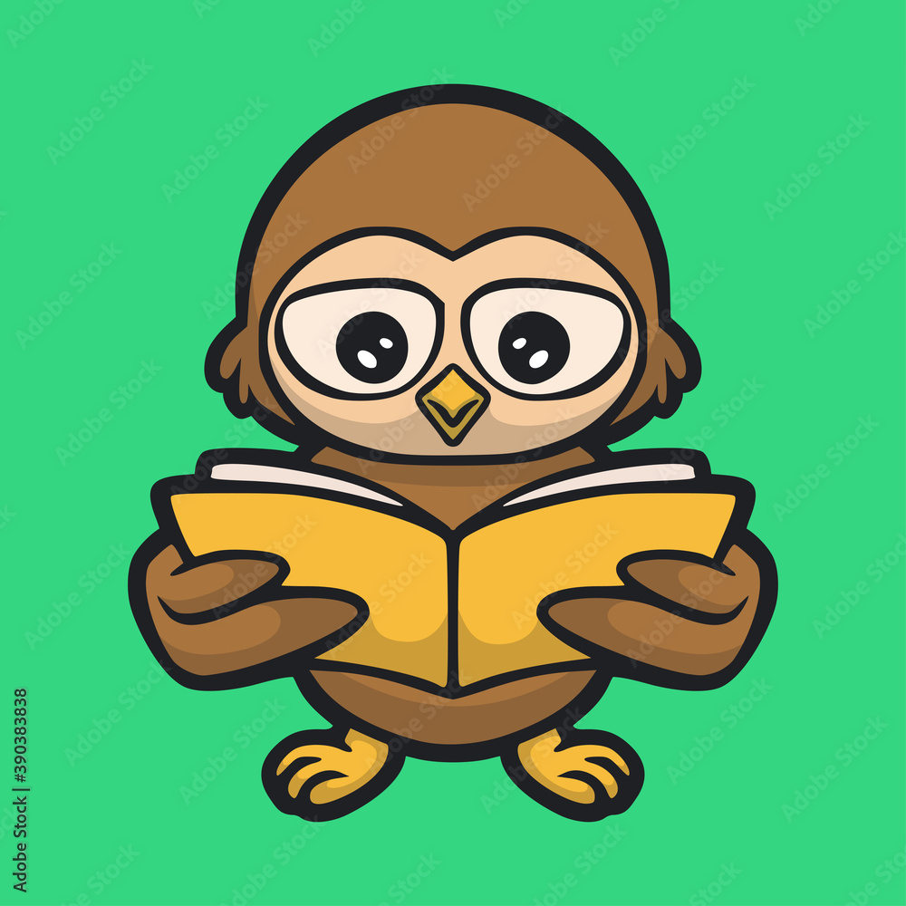 cartoon animal design Owl reading a book cute mascot logo