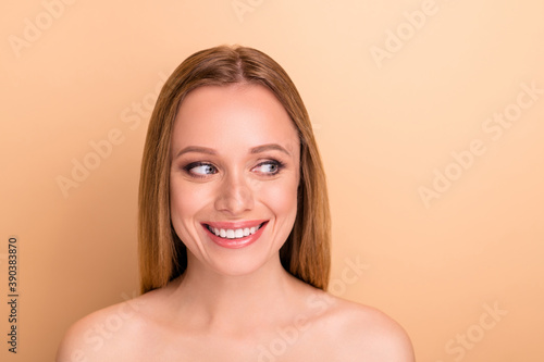 Close-up portrait of her she nice attractive lovely charming cute cheerful cheery straight-haired girl perfect shine clean clear soft pure skin water balance isolated over beige pastel background