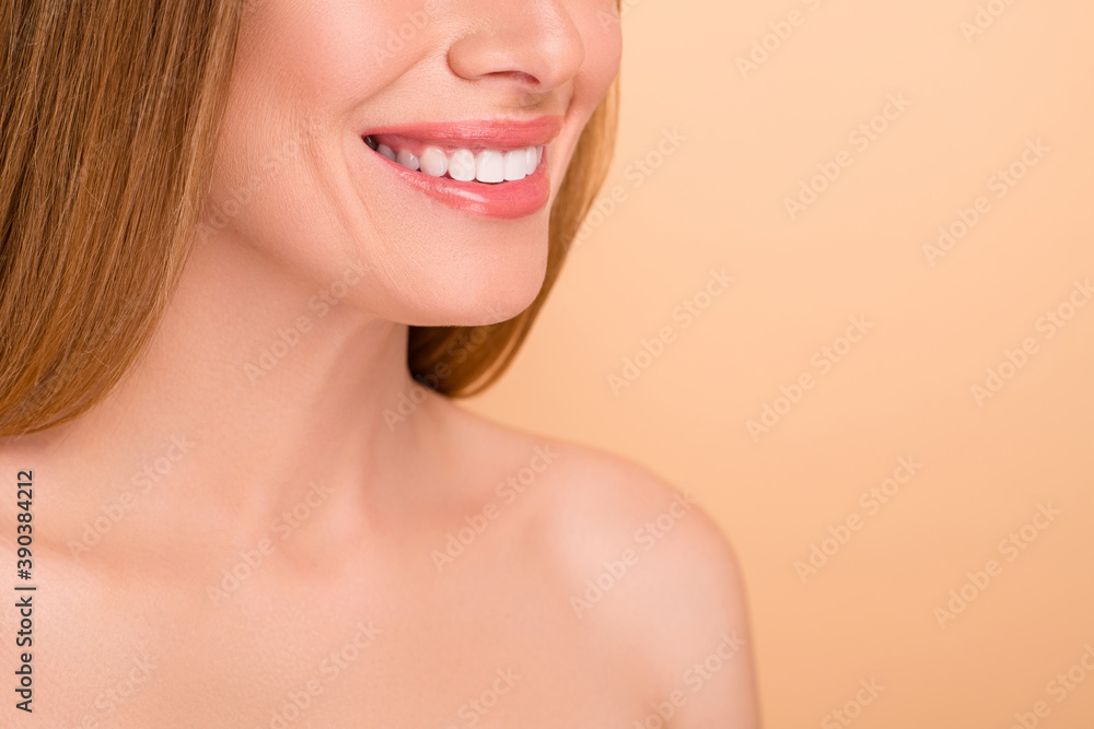 Close-up cropped view portrait of her she nice-looking attractive lovely cheerful cheery straight-haired girl medicare treatment therapy useful aesthetic effect isolated over beige background Close-up cropped view portrait of her she nice-looking attractive lovely cheerful cheery straight-haired girl medicare treatment therapy useful aesthetic effect isolated over beige background
