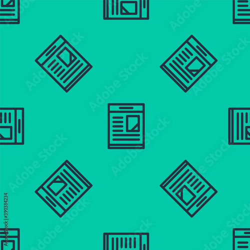 Blue line Newspaper advertisement displaying obituaries icon isolated seamless pattern on green background. Vector.