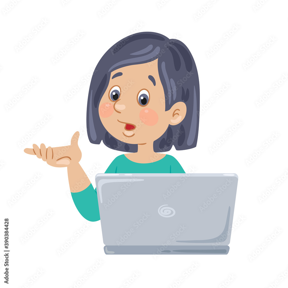 Online education for children. A cute puzzled girl looks at the laptop screen. In cartoon style. Isolated on white background. Vector flat illustration. Online education for children. A cute puzzled girl looks at the laptop screen. In cartoon style. Isolated on white background. Vector flat illustration.