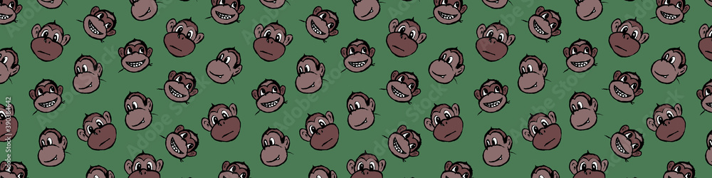 Naklejka premium Funny monkey illustration. Horizontal banner with cute pattern. Hand drawn vector jungle animal with playful face. Character for children's book, poster, print or design element.