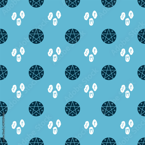 Set Pentagram in a circle and Magic runes on seamless pattern. Vector.