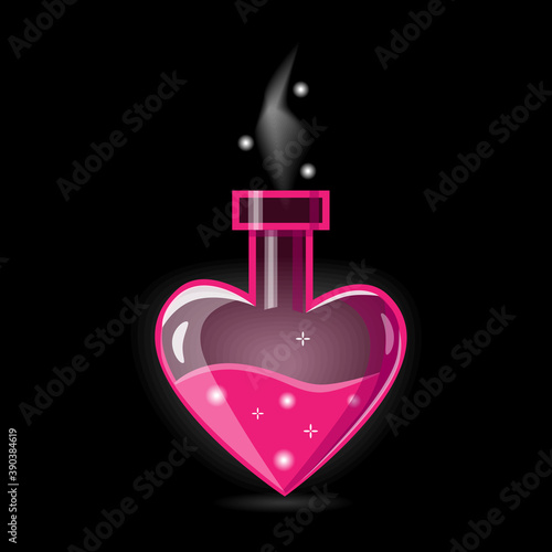 Bottle with Magic Potion. Elements for Game Design, RPG, Icons. Heart Shape and Pink Color Pot with Magical Elixir of Love. Vector illustration Isolated on black.