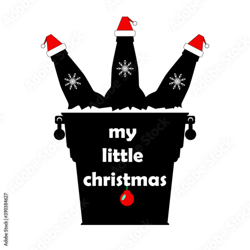 Christmas beer bottles in santa claus hats in a metal bucket with ice cubes and snowflakes . The inscription "my little christmas". Isolated vector new year illustration, icon on white background.