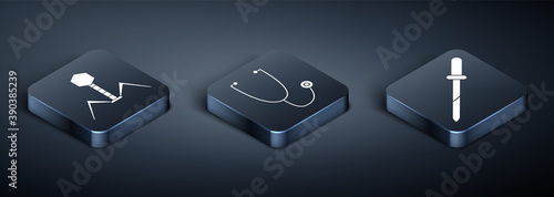 Set Isometric Bacteria bacteriophage, Pipette and Stethoscope icon. Vector.