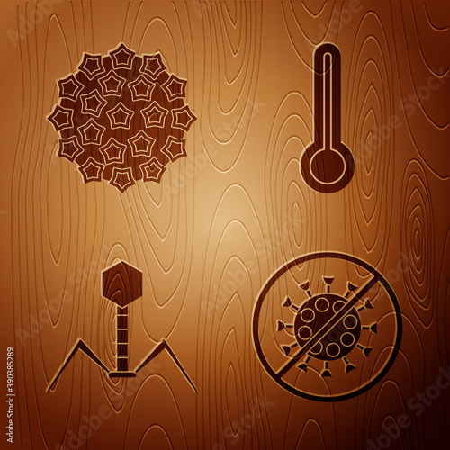 Set Stop virus, Virus, Bacteria bacteriophage and Medical thermometer on wooden background. Vector.