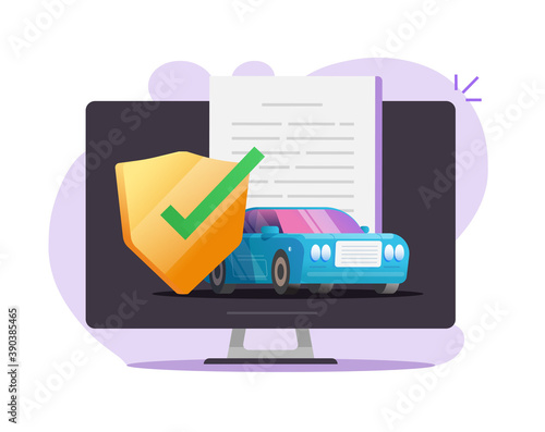 Online car insurance coverage protection contract document vector, auto vehicle guarantee assurance legal policy digital shield vector flat illustration, automobile warranty safety agreement