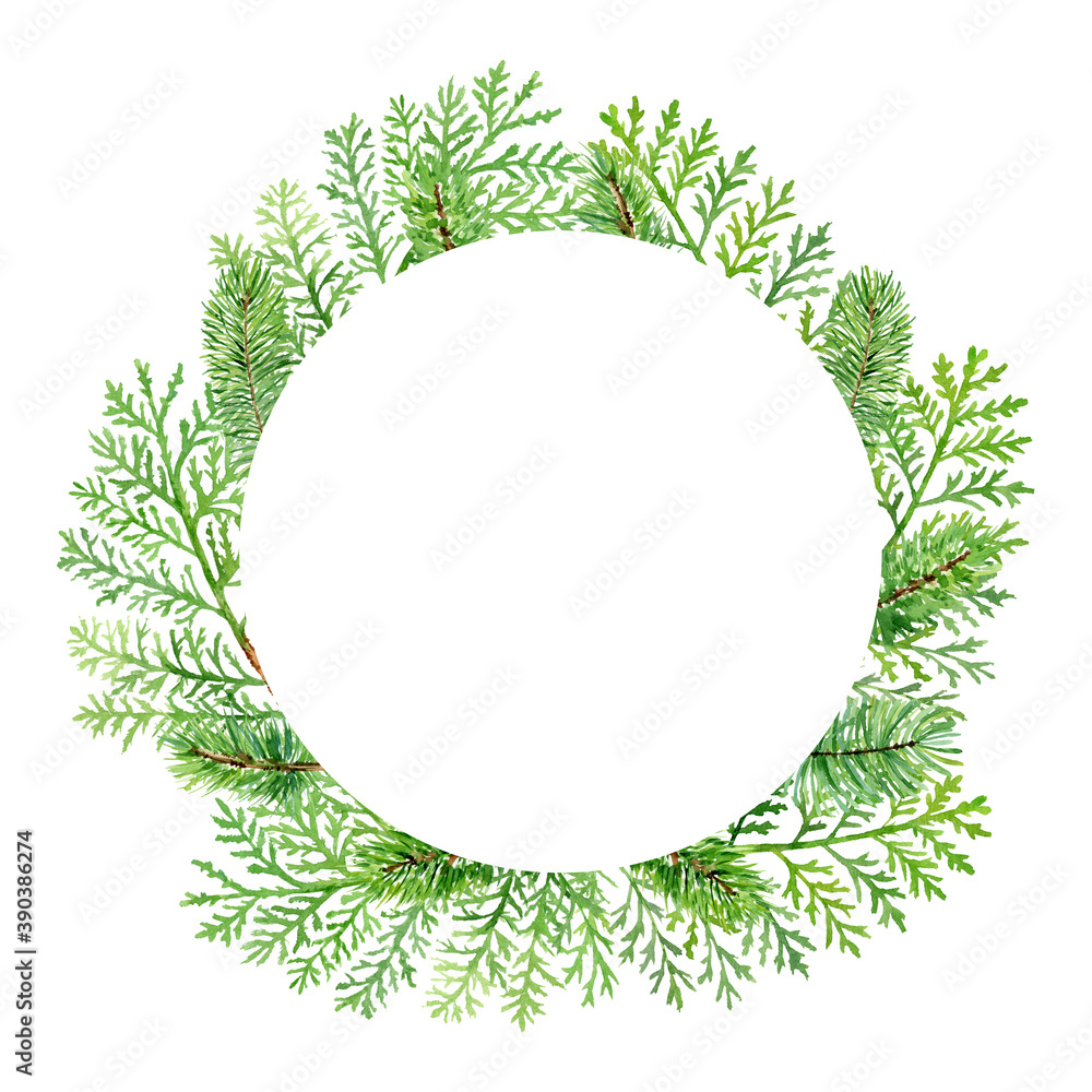 Fototapeta premium Watercolor christmas wreath, thuja tree branches, round evergeen frame for cards and invitations