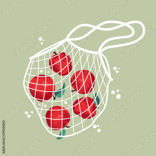 Vector illustration of bright apples in reusable grocery shopping bag