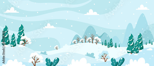 Snowy winter landscape with trees, mountains, fields. Countryside landscape. Winter background. Vector illustration in flat style.