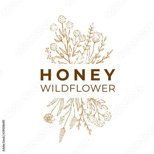 Honey label for package. Wildflower logo sketch with text. Floral emblem for honey design.