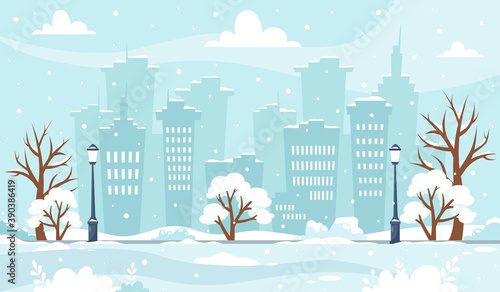 Snowy winter cityscape with trees, buildings, park.  Vector illustration in flat style.