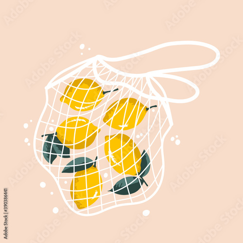 Vector illustration of bright lemons in reusable grocery shopping bag