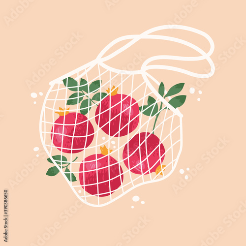 Vector illustration of bright pomegranates in reusable grocery shopping bag