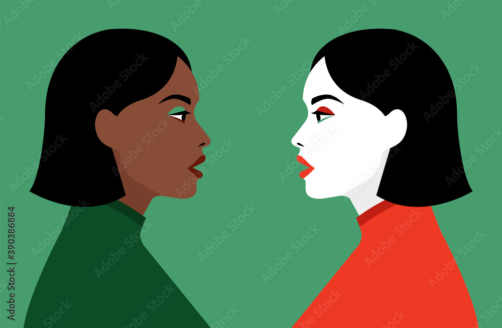 Two women stand in profile. Sisterhood. Community of girls of different nations. Vector flat illustration Two women stand in profile. Sisterhood. Community of girls of different nations. Vector flat illustration