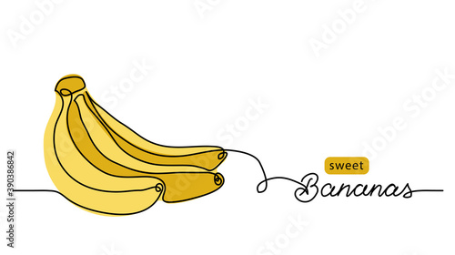 Bananas bunch vector illustration. One continuous line drawing art illustration with lettering sweet bananas.