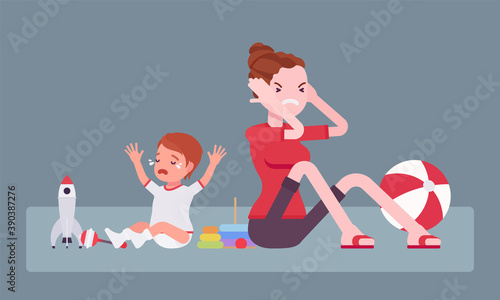 Postpartum depression symptoms, new mum in anger with crying baby. Young mother in depressed mood closing her ears with hands feeling sick, angry or fatigued. Vector flat style cartoon illustration