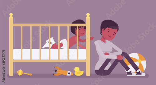 Postpartum depression, new black mum in anxiety after childbirth. Young mother sitting near child crib, feeling sick, sad, fatigued, overwhelmed with daily task. Vector flat style cartoon illustration