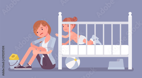 Postpartum depression, new mum in anxiety after childbirth. Young mother sitting near child crib, feeling sick, sad or fatigued, overwhelmed with daily tasks. Vector flat style cartoon illustration