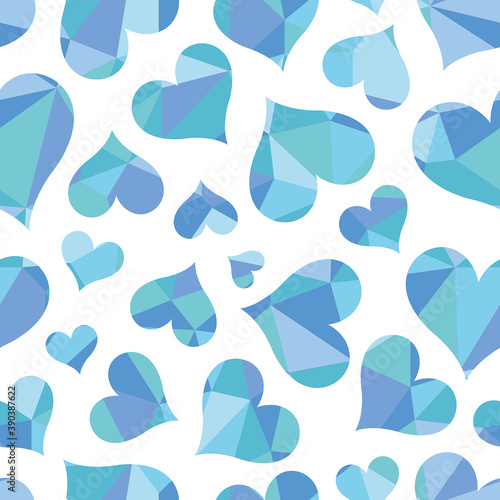 Vector pattern with many polygonal diamond emblems of hearts isolated on white background. Seamless pattern can be used for wallpaper, pattern fills, web page background, surface textures.