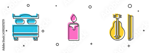 Set Bedroom, Burning candle and Violin icon. Vector.