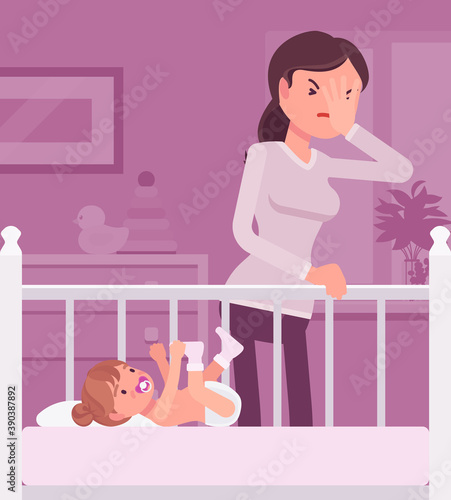 Postpartum depression, mum feeling sad, fatigued, baby blues symptoms. Young tired mother having mood swings standing at baby crib of not sleeping kid. Vector flat style cartoon illustration