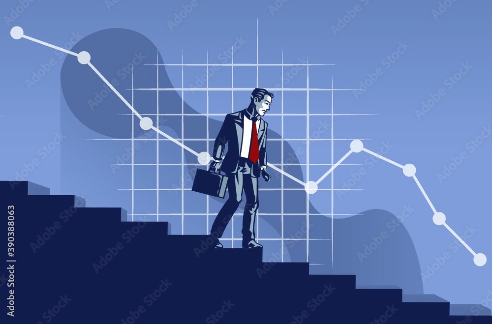 Businessman Walk Down Stair Facing Decreasing Business Chart Illustration Concept Businessman Walk Down Stair Facing Decreasing Business Chart Illustration Concept