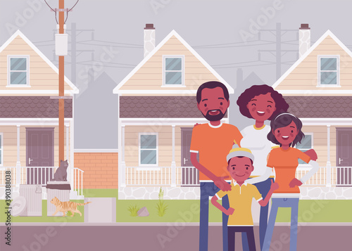 Happy black family standing in front of own house. Homeowner dream, property, apartment building for parents, kids, real estate, home cottage mortgage agreement. Vector flat style cartoon illustration