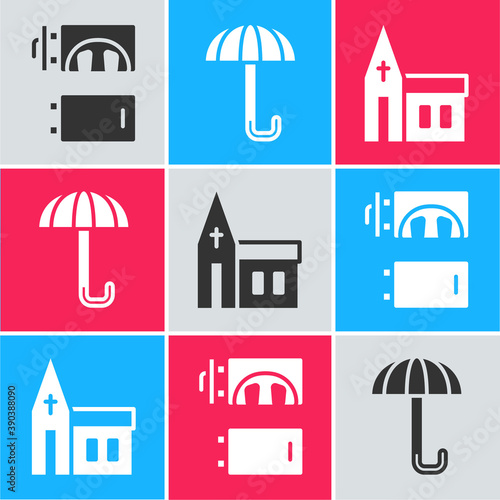 Set Crematorium, Umbrella and Church building icon. Vector.