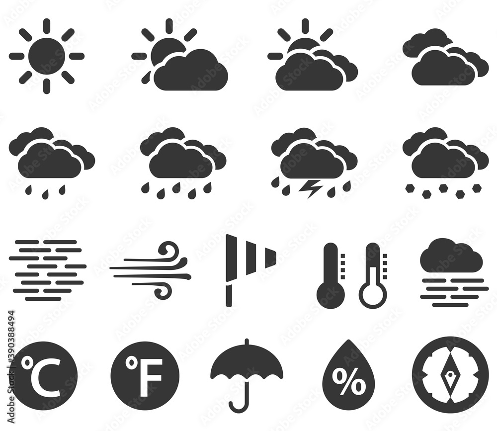 Weather Forecast symbols day set simple flat icons isolated on white background. Weather report symbols. Weather Forecast symbols day set simple flat icons isolated on white background. Weather report symbols.