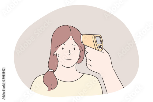 Temperature measurement, healthcare, medicine, coronavirus concept. Woman cartoon character measured heat by medical non contact infrared thermometer on forehead. Modern medicine reading procedure.