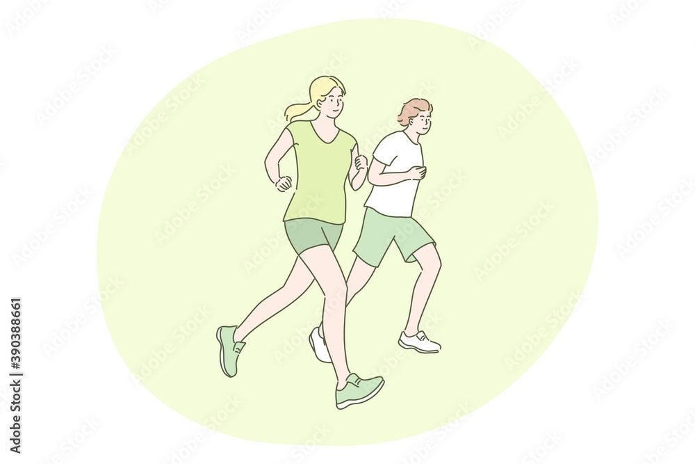 Sport, jogging, workout concept. Young happy couple man woman athletes runners cartoon characters running at park together. Summertime recreation fitness and active training lifestyle illustration.
